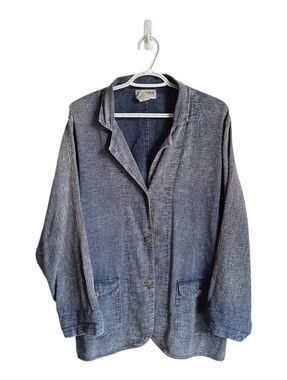 Vintage Ezze Wear Denim Style Cotton Striped Blue Womens Blazer Jacket Medium